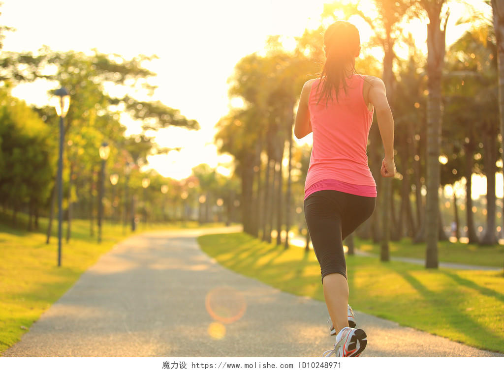 在热带公园运行的跑步运动员女人健身运动励志放松运动公园健身